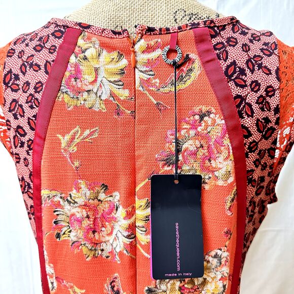 Save The Queen! Sleeveless Short Dress SZ L Orange Pink Floral Print Lined Italy - Picture 9 of 16